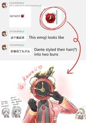  1boy 1other 2girls alarm_clock black_gloves blush clock coat collared_shirt dante_(limbus_company) double_bun fire gloves hair_bun hand_up highres hong_lu_(project_moon) ishmael_(project_moon) limbus_company multiple_girls necktie object_head ori_oriio other_focus outis_(project_moon) project_moon red_coat red_necktie shirt speech_bubble v white_background wing_collar 