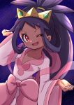  1girl absurdres black_hair dark-skinned_female dark_skin dress highres iris_(pokemon) long_hair looking_at_viewer night night_sky one_eye_closed open_mouth pink_dress pokemon pokemon_bw2 ponytail red_eyes rono_(lethys) sky smile solo star_(sky) starry_sky 