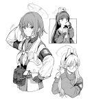  3girls ahoge animal_ears armband blue_archive cup fake_animal_ears glasses greyscale halo highres hiro_(chumo) long_hair long_sleeves looking_at_viewer miyu_(blue_archive) moe_(blue_archive) monochrome multiple_girls round_eyewear saki_(blue_archive) school_uniform serafuku short_hair sweater 