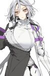  1girl absurdres breasts expressionless grey_hair grey_jacket heterochromia highres jacket large_breasts messy_hair robot short_hair sigret_(epic_seven) tissue0330 white_jacket 