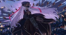  1girl altair_(re:creators) arm_behind_back armband belt_bag black_coat black_dress building city clouds coat commentary_request dawn dress epaulettes floating floating_object floating_sword floating_weapon gauntlets gold_trim hair_ribbon hat highres holding holding_sword holding_weapon light_smile long_hair looking_at_viewer looking_to_the_side military_uniform re:creators red_eyes red_ribbon ribbon shako_cap sidelocks sky solo sword turning_head twintails two-tone_armband uniform very_long_hair weapon white_hair wiersa 