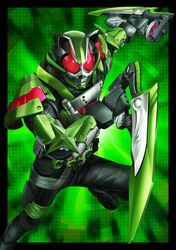  1boy animal_ears armor black_bodysuit black_border bodysuit border desire_driver driver_(kamen_rider) dual_wielding fighting_stance gears gradient_background green_armor green_background highres holding holding_sword holding_weapon kamen_rider kamen_rider_geats_(series) kamen_rider_tycoon leaf male_focus masukudo_(hamamoto_hikaru) ninja ninja_buckle ninja_dueler raccoon_ears red_eyes reverse_grip sword tanuki tokusatsu weapon wind 