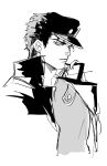  1boy azisaiharumaki56 chain closed_mouth cropped_torso gakuran greyscale hat highres jacket jojo_no_kimyou_na_bouken kujo_jotaro looking_at_viewer male_focus monochrome profile school_uniform shirt short_hair signature simple_background solo t-shirt upper_body 