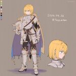  1girl armor armored_boots blonde_hair boots breastplate cape color_guide dated faulds flat_color full_body garter_straps gauntlets green_eyes helmet holding holding_helmet nagi_itsuki original plate_armor pouch shield shield_on_back short_hair shoulder_armor simple_background solo standing tassel thigh-highs thigh_pouch 