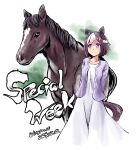  1girl alternate_costume animal_ears arms_behind_back brown_hair character_name creature_and_personification dated dress highres horse horse_ears horse_girl jacket long_sleeves looking_at_another looking_to_the_side multicolored_hair purple_jacket real_life short_hair smile special_week_(racehorse) special_week_(umamusume) tonpuu twitter_username two-tone_hair umamusume violet_eyes white_dress white_hair 