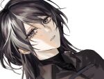  1girl black_hair black_shirt chest_strap chief_(path_to_nowhere) collared_shirt commentary_request dutch_angle female_chief_(path_to_nowhere) grey_eyes isakuu long_hair looking_at_viewer parted_lips path_to_nowhere shirt simple_background solo tears upper_body white_background 