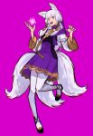  1girl animal_ear_fluff animal_ears black_footwear commentary commission dress english_commentary fangs fire_emblem fire_emblem:_three_houses fox_ears fox_girl fox_tail full_body gold_trim highres kemonomimi_mode long_hair looking_at_viewer lysithea_von_ordelia magic multiple_torii open_mouth pantyhose pink_background pink_eyes pink_nails purple_dress sethkiel shoes simple_background smile solo tail torii veil white_hair white_pantyhose white_sleeves 