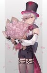  1boy black_corset black_shorts blonde_hair bouquet bow cape corset detached_sleeves facial_mark flower genshin_impact grey_background grey_thighhighs hat highres huge_bow looking_at_viewer lyney_(genshin_impact) male_focus pink_flower pink_rose red_bow red_cape rose short_hair short_shorts shorts simple_background smile solo teardrop_facial_mark teardrop_tattoo thigh-highs top_hat two-tone_gloves white_sleeves wolfram_1 