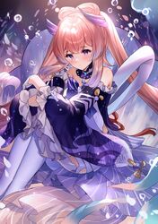  1girl absurdres air_bubble bare_shoulders bow-shaped_hair bubble closed_mouth detached_sleeves dress genshin_impact gloves guzangnanfeng half_gloves highres long_hair long_sleeves looking_at_viewer pink_hair sangonomiya_kokomi sitting solo thigh-highs white_gloves white_thighhighs wide_sleeves 