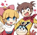  1boy 1girl 1other bariquand_(chargeman_ken!) black_eyes blonde_hair blue_eyes bodysuit brown_hair chargeman_ken! closed_mouth dress izumi_caron izumi_ken jewelry light_blush menattou necklace open_mouth pearl_necklace pink_ribbon ponytail red_dress red_scarf ribbon robot scarf short_hair siblings simple_background smile teeth upper_teeth_only white_background yellow_bodysuit 