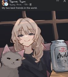  1girl alcohol ame48627 beer beer_can black_shirt can cat drink_can english_text facebook fake_screenshot foreshortening girls_band_cry grey_eyes half-closed_eyes highres kawaragi_momoka long_hair looking_at_viewer photo-referenced shirt signature sitting smug solo upper_body 