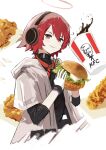  1girl :t arknights black_shirt brown_eyes burger cola cup detached_wings disposable_cup eating exusiai_(arknights) exusiai_(city_rider)_(arknights) food food_on_face food_request halo headphones highres holding holding_burger holding_food hood hooded_jacket ice ice_cube jacket kfc looking_at_viewer neckerchief open_clothes open_jacket red_neckerchief redhead shirt short_hair simple_background smile solo sun_showdmp white_background white_jacket wings 