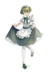  1girl ;d alternate_costume apron black_footwear black_skirt center_frills enmaided frills full_body green_eyes green_hair highres idolmaster idolmaster_shiny_colors lairu0528 looking_at_viewer maid maid_apron maid_headdress nanakusa_nichika one_eye_closed pantyhose puffy_short_sleeves puffy_sleeves shirt short_sleeves skirt skirt_hold smile solo striped_clothes striped_shirt two_side_up vertical-striped_clothes vertical-striped_shirt waist_apron white_apron white_pantyhose white_shirt wrist_cuffs 