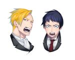  2boys ascot blonde_hair blue_eyes blue_hair collared_shirt colored_eyelashes commentary_request fangs highres looking_at_viewer male_focus multiple_boys necktie open_mouth original portrait red_necktie shirt short_hair simple_background very_short_hair white_background white_shirt zzb_azz 