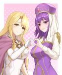  2girls blonde_hair breasts cape dress elbow_gloves eremiya_(fire_emblem) fire_emblem fire_emblem:_the_binding_blade fire_emblem:_the_blazing_blade fire_emblem_heroes gloves gold_trim green_eyes hat heart heart_hands heart_hands_duo highres jewelry long_dress long_hair long_sleeves looking_at_viewer medium_hair multiple_girls polka_dot polka_dot_background purple_dress purple_hair purple_hat saint_elimine_(fire_emblem) simple_background single_glove smile takaneko upper_body veil very_long_hair violet_eyes white_dress white_veil 