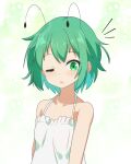  1girl alternate_costume antennae blush cato_(monocatienus) commentary_request dress expressionless green_eyes green_hair highres looking_at_viewer medium_bangs notice_lines one_eye_closed open_mouth short_hair solo sundress touhou upper_body white_background white_dress wriggle_nightbug 