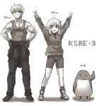  1boy 1girl :d animal antenna_hair arms_up bare_arms bare_shoulders bike_shorts bird blush brother_and_sister closed_mouth clothes_around_waist collarbone commentary_request gloves greyscale hair_between_eyes hands_on_own_hips height highres hijikata-san_(m.m) koshirae_kenji koshirae_tsurugi_(m.m) long_sleeves m.m monochrome original pants penguin puffy_long_sleeves puffy_sleeves shadow shoes siblings simple_background sleeves_past_wrists smile socks tank_top translation_request white_background 