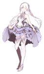  1girl ;d bare_shoulders black_background dress frills full_body hair_ornament hairband high_heels long_hair looking_at_viewer marini_musique one_eye_closed open_mouth original simple_background skirt_hold smile solo standing thigh-highs very_long_hair white_hair white_thighhighs 