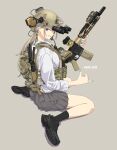  1girl absurdres aqua_nails ar-15 assault_rifle black_footwear black_socks blonde_hair bulletproof_vest collared_shirt ear_piercing full_body grey_background grey_shirt gun hashtag-only_commentary helmet highres holding holding_gun holding_weapon long_hair looking_at_viewer night_vision_device original parted_lips piercing pleated_skirt rifle scope shirt shoes simple_background sitting skirt smile sneakers socks solo soutou_nagi twitter_username violet_eyes wariza weapon white_shirt 