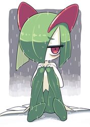  bags_under_eyes colored_skin green_hair grey_background hair_over_one_eye hands_on_own_knees highres horns ino_(tellu0120) kirlia looking_at_viewer multicolored_skin on_floor parted_lips pink_eyes pokemon pokemon_(creature) rain sidelocks simple_background sitting two-tone_skin white_skin 