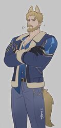  1boy animal_ears blue_eyes blue_jacket blue_shirt crossed_arms denim dog_boy dog_ears dog_tail doodlefish facial_hair honkai:_star_rail honkai_(series) jacket jeans looking_at_viewer micah_(honkai:_star_rail) mustache pants pencil_mustache shirt tail 