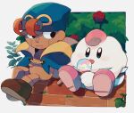  2boys black_eyes commentary food geno_(mario) highres ice_cream looking_at_another mallow_(mario) mofupoyo multiple_boys outdoors shoes sitting super_mario_bros. super_mario_rpg tongue tongue_out white_background 