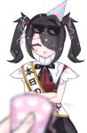  1girl :d ame-chan_(needy_girl_overdose) birthday_sash black_hair black_ribbon black_skirt blurry blurry_foreground closed_eyes collared_shirt commentary_request confetti cowboy_shot crossed_arms deal_with_it_(meme) eyewear_on_head facing_viewer hair_ornament hair_over_one_eye hat highres meme neck_ribbon needy_girl_overdose party_hat pov pov_hands red_shirt ribbon shirt simple_background skirt smile standing sunglasses suspender_skirt suspenders twintails white_background x_hair_ornament yui_(htbanz3) 