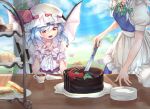  2girls apron ascot bat_wings blue_hair brooch cake cake_slice chair chocolate_cake commentary_request cream_puff cup cupcake fangs food frilled_apron frills green_ribbon grey_hair hair_ribbon happy hat holding holding_knife izayoi_sakuya jewelry knife maid mob_cap multiple_girls open_mouth out_of_frame plate plate_stack puffy_short_sleeves puffy_sleeves purple_hair ramekin red_eyes remilia_scarlet ribbon sandwich scone short_hair short_sleeves sidelocks sitting standing strawberry_shortcake table tea teacup teapot tiered_tray touhou tray tress_ribbon waist_apron wankosoba_(wanwan_soba) white_apron wings wooden_table wrist_cuffs 