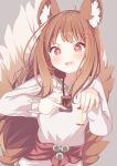 1girl ahoge anger_vein animal_ears apple apple_core brown_hair commentary daidai_ookami fangs food fruit grey_background highres holding holo long_hair long_sleeves open_mouth pointing red_eyes shirt simple_background solo spice_and_wolf tail very_long_hair white_shirt wolf_ears wolf_girl wolf_tail 