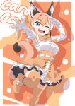  1girl absurdres animal_ears belt blue_eyes bow bowtie caracal_(kemono_friends) cat_ears cat_girl cat_tail elbow_gloves extra_ears gloves highres kemono_friends kemono_friends_v_project long_hair looking_at_viewer microphone one_eye_closed orange_background orange_hair shirt shoes simple_background skirt sleeveless sleeveless_shirt solo tail thigh-highs virtual_youtuber yamaguchi_yoshimi 