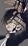  1boy absurdres ascot black_blood black_hair black_jacket blood collared_jacket death_the_kid facial_tattoo grey_background hasda highres jacket jewelry melting multicolored_hair ring ringed_eyes solo soul_eater striped_hair tattoo white_hair yellow_eyes 