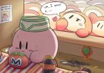  blush_stickers broken_plate car-mouth_cake counter dropped_food energy_drink_(kirby) forced_smile highres kirby kirby_(series) kirby_and_the_forgotten_land kirby_burger maxim_tomato no_humans plate shibulio solid_oval_eyes sweat too_many waddle_dee 