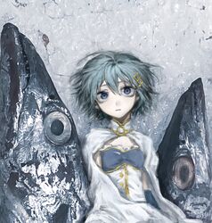  1girl aaa_zhuanye_chan_shi_jituan_mo_zong beach blue_eyes blue_gloves blue_hair blue_shirt buttons cape chinese_commentary collared_cape commentary_request cowboy_shot diamond_button elbow_gloves expressionless eyelashes fish fortissimo frilled_shirt frills gloves hair_between_eyes hair_ornament hair_spread_out hairclip high_collar highres light_frown looking_at_viewer lying magical_girl mahou_shoujo_madoka_magica mahou_shoujo_madoka_magica_(anime) miki_sayaka musical_note musical_note_hair_ornament on_back parted_lips shirt short_hair solo straight-on strapless strapless_shirt two-tone_shirt wet white_cape white_shirt 