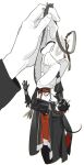  1boy arknights armor black_coat black_hair chong_yue_(arknights) coat commentary_request dragon_boy dragon_horns dragon_tail facing_up full_body grey_hair highres holding_another&#039;s_tail horns jjeobjjeobdogta_(wjqwjqehrxk) korean_commentary lifting_person limited_palette long_hair long_sleeves long_tail low_ponytail male_focus mini_person miniboy multicolored_hair out_of_frame pauldrons rerebrace ribbon shoulder_armor simple_background single_sleeve solo_focus streaked_hair tail tail_ornament tail_ribbon upside-down white_background 