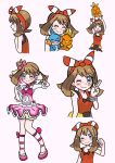  1girl :o ;) blush_stickers bow brown_hair eyelashes hair_bow highres holding holding_pokemon idol looking_at_viewer may_(pokemon) miin_(toukotouya) mudkip multiple_views one_eye_closed pink_skirt pokemon pokemon_(creature) pokemon_oras red_bow red_shirt shirt shorts shorts_under_skirt showgirl_skirt skirt sleeveless sleeveless_shirt smile torchic wet 