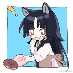  ! 1girl animal_ears apron arknights black_hair blue_background blush_stickers border brown_apron chibi chinese_commentary closed_mouth commentary_request doughnut food food_on_face grey_shirt hand_on_own_chin holding holding_food long_hair looking_at_viewer lowres no_nose outside_border saga_(arknights) shan_xin_xin_bai shirt simple_background sleeves_past_elbows smile solo white_border yellow_eyes 