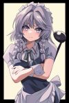  1girl apron braid closed_mouth commentary_request green_ribbon grey_hair happy_ginko highres holding holding_ladle izayoi_sakuya ladle long_hair looking_at_viewer maid maid_headdress neck_ribbon ribbon smile solo touhou twin_braids waist_apron wrist_cuffs 