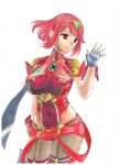  1girl backless_outfit black_gloves bob_cut breasts chest_jewel core_crystal_(xenoblade) drop_earrings earrings fingerless_gloves gloves highres impossible_clothes jewelry large_breasts pantyhose pantyhose_under_shorts pyra_(xenoblade) red_eyes red_shorts redhead short_hair short_sleeves shorts sketch skindentation solo super_smash_bros. suspenders swept_bangs thigh-highs thighhighs_over_pantyhose tiara watari_(eaka) xenoblade_chronicles_(series) xenoblade_chronicles_2 