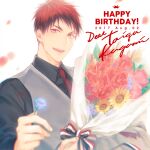  1boy 2017 black_shirt blue_flower bouquet character_name collared_shirt crown_(symbol) dated flower grey_sweater_vest happy_birthday holding holding_flower kagami_taiga kuroko_no_basuke looking_at_viewer male_focus necktie open_mouth red_eyes red_flower red_necktie redhead shirt smile solo sunflower sweater_vest teeth upper_body white_background yellow_flower yuuto_(sky_cloister) 