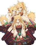 3girls absurdres amber_eyes animal_ear_fluff animal_ears arknights aunt_and_niece bead_necklace beads blemishine_(arknights) blonde_hair blue_eyes boots ev-oo floral_print highres horse_ears horse_girl horse_tail jewelry long_hair looking_at_viewer multiple_girls nearl_(arknights) necklace polish_clothes siblings sisters smile tail whislash_(arknights) 
