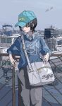  1girl absurdres against_railing bag baseball_cap bird black_hair blue_hat blue_necktie blue_sky blue_sweater boat bob_cut collared_shirt cowboy_shot earrings grey_pants hat hat_over_one_eye heart heart_earrings highres jewelry leaning_on_object looking_to_the_side natsugu72 necktie one_eye_covered original outdoors pants railing shirt short_hair shoulder_bag sky smile solo sweater water watercraft white_bag white_shirt yellow_eyes 