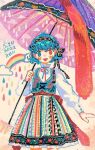  1girl blue_eyes clouds heterochromia holding holding_umbrella k0nfette looking_at_viewer mismatched_pupils rain rainbow red_eyes solo tatara_kogasa tongue tongue_out touhou umbrella 