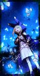  1girl animal_ear_hood blonde_hair blue_butterfly bug butterfly commission dress hinata_(echoloveloli) hood night night_sky open_mouth original outdoors skeb_commission sky solo_focus star_(sky) starry_sky violet_eyes white_dress 