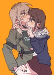  2girls black_choker black_nails black_shirt blue_eyes blue_jacket blush brown_coat brown_hair chinese_commentary choker choker_pull coat commentary_request girls_band_cry grey_eyes hair_between_eyes highres hood hood_down hooded_jacket iseri_nina jacket kawaragi_momoka light_brown_hair long_hair long_sleeves low_twintails midriff multicolored_hair multiple_girls nail_polish open_clothes open_jacket open_mouth pingke_box pleated_skirt red_skirt roots_(hair) shirt short_hair short_twintails simple_background sitting sitting_on_lap sitting_on_person skirt sweatdrop tongue tongue_out twintails white_shirt yellow_background yuri 