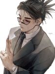  1boy 28cg absurdres black_hair choso_(jujutsu_kaisen) closed_eyes closed_mouth collared_shirt double_bun facial_tattoo glasses grey_suit hair_bun highres jewelry jujutsu_kaisen male_focus necktie ring shirt signature solo suit tattoo upper_body watch watch white_background 