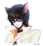  1boy animal_ear_fluff animal_ears artist_name belt_collar black-framed_eyewear black_collar black_hair blade_&amp;_soul blue_eyes cat_ears closed_mouth collar commentary_request expressionless glasses jewelry lanmei_jiang looking_at_viewer lyn_(blade_&amp;_soul) male_focus medium_bangs necklace open_clothes open_shirt shirt short_hair signature solo upper_body variant_set wavy_hair white_shirt 