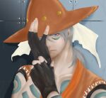  1boy arm_tattoo black_gloves blue_eyes claus_lester collarbone facial_mark fingerless_gloves gloves grey_hair hand_on_own_face hat long_hair male_focus orange_hat orange_shirt parted_lips shirt solo stone_wall tales_of_(series) tales_of_phantasia tattoo udushio upper_body 