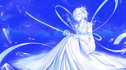  1girl absurdres bankai bleach bleach:_sennen_kessen-hen blue_eyes hakka_no_togame_(bankai) highres holding holding_sword holding_weapon ice_crystal ice_flower ice_shard japanese_clothes katana kimono kuchiki_rukia looking_at_viewer ribbon short_hair solo sword waligner weapon white_hair white_kimono white_ribbon 