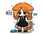  1girl :&lt; animal_ears arrow_(symbol) baseball_(object) black_dress black_footwear blush broken_heart chibi collared_shirt commentary_request dog_ears dog_girl dog_tail dress frisbee full_body grey_eyes heart highres kneehighs long_sleeves low_twintails orange_hair orange_socks original shadow shirt shoes short_eyebrows short_twintails simple_background sleeveless sleeveless_dress sleeves_past_fingers sleeves_past_wrists socks solo standing tail tears thick_eyebrows twintails uni_souchou white_background white_shirt 