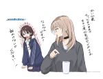  2girls black_choker blue_eyes blue_jacket brown_hair choker commentary cup earclip girls_band_cry grey_eyes grey_sweater hashtag-only_commentary highres hood hooded_jacket iseri_nina jacket kawaragi_momoka light_brown_hair long_hair long_sleeves low_twintails multicolored_hair multiple_girls ninini_ninnin open_clothes open_jacket open_mouth roots_(hair) shirt short_hair short_twintails simple_background sweater twintails upper_body white_background white_shirt 